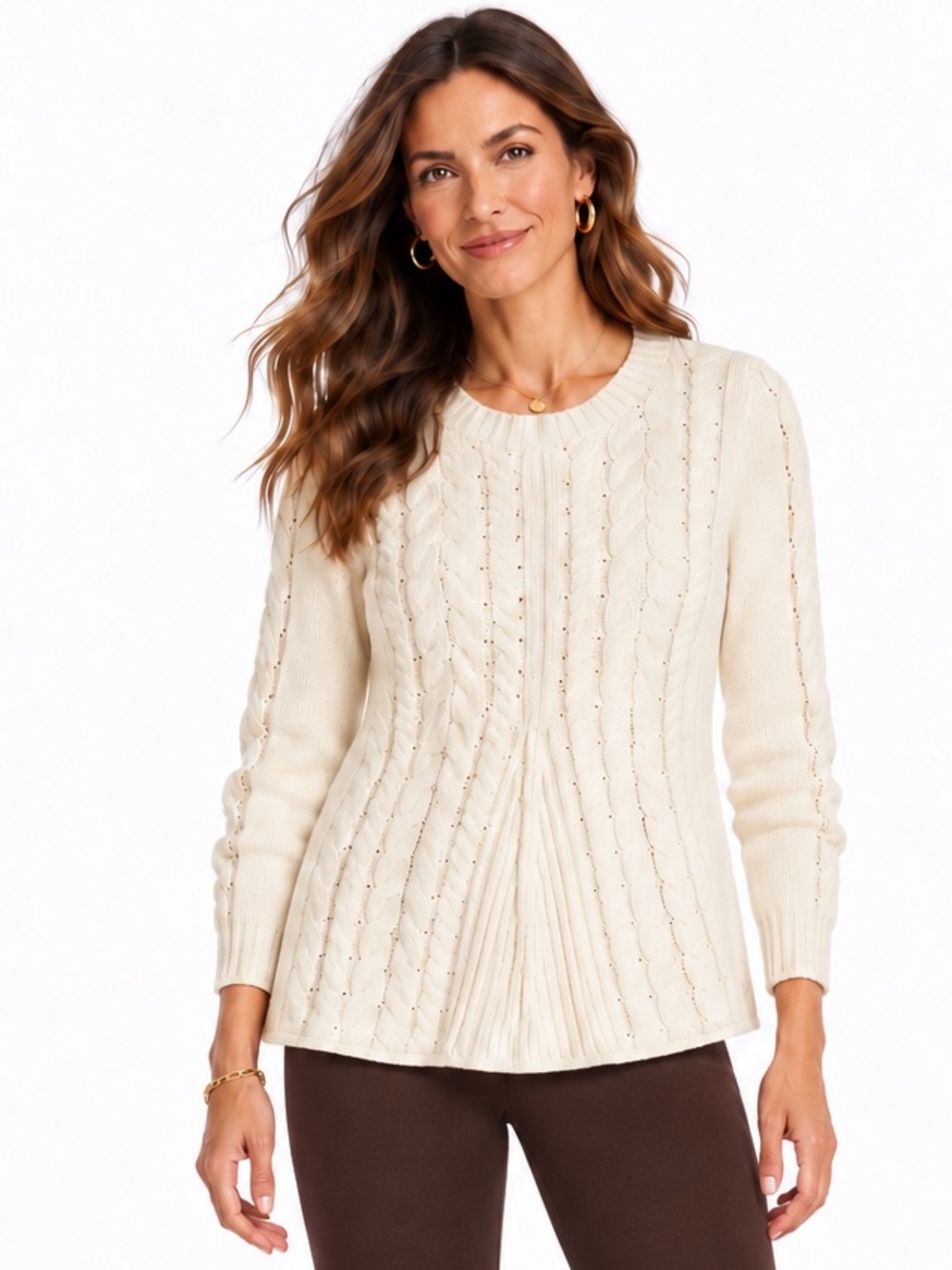 CAbi SZ M Cream Cable-Knit Crewneck Sweater, Rear Lace Up/Bust 36”-40”